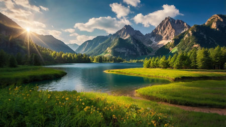 Panoramic view of the mountain lake. Summer landscape. Beauty world.の写真素材