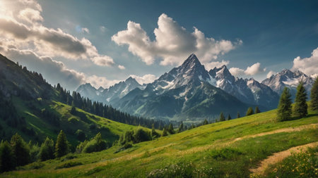 Mountain landscape in the summer. Panoramic view of the mountains.の写真素材