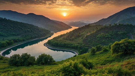 Sunset over the river in the mountains. Beautiful summer landscape.の写真素材