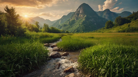 Beautiful summer landscape with mountain river and green grass at sunset.の写真素材