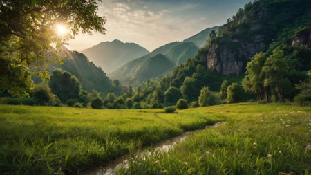 Sunrise in the mountains. Beautiful landscape with river and green meadow
