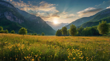 Sunset in the mountains. Summer landscape with meadow and treesの写真素材