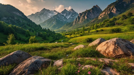 Panoramic view of mountains and meadow at sunset. Caucasus, Russiaの写真素材