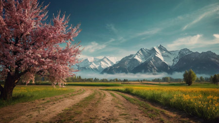 Beautiful panoramic view of alpine meadow with cherry blossoms and snowcapped mountainsの写真素材