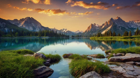 Mountain lake with reflection of the mountains in the water at sunset