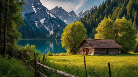 Beautiful alpine landscape with a wooden house in front of the lakeの写真素材