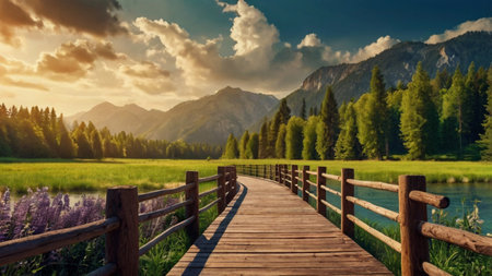 Wooden bridge over the mountain lake. Beautiful summer landscape. Tatra Mountains, Poland.