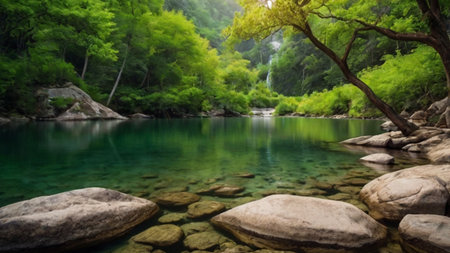 Beautiful landscape with green mountain river and rocks in the forest.