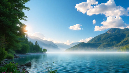 Mountain lake in the morning. Landscape with a mountain lake.