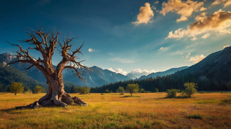 Lonely tree in the meadow with mountains in the backgroundの写真素材