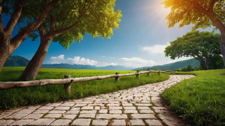 pathway in the green field with tree and blue sky background.