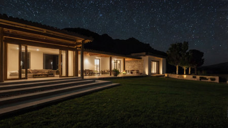 Luxury house in the garden at night with stars and milky way