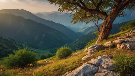 Beautiful mountain landscape with a lonely tree on a hillside.の写真素材
