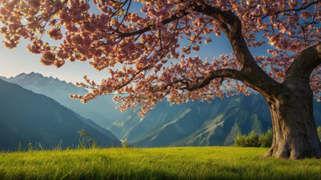 Beautiful spring landscape with blooming cherry tree in the mountains.の写真素材