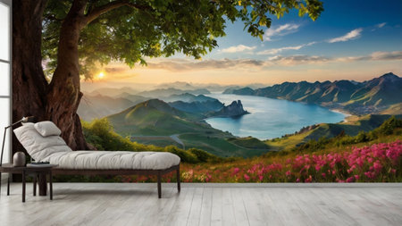 Composite image of living room against view of lake and mountains
