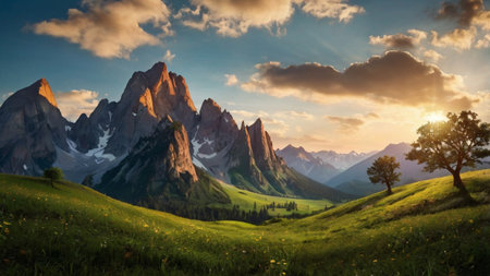 Sunset in the valley of the Dolomites, Italy.