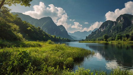 Panoramic view of the river and mountains in the morning.