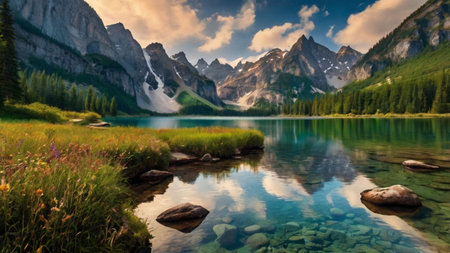 Beautiful mountain lake in the mountains. Picturesque panoramic view.