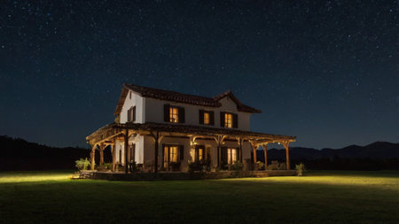 Night view of the old house in a meadow with starry skyの写真素材