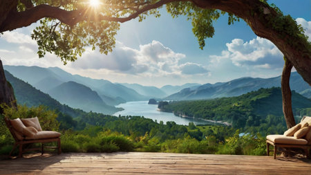 Wooden terrace with view of lake and mountains in summer.