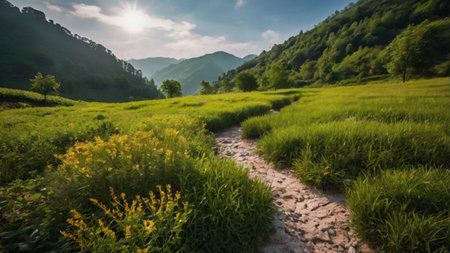 Landscape of green meadow and mountains in the morning at sunriseの写真素材