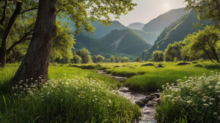Meadow in the mountains. Summer landscape with a mountain river.