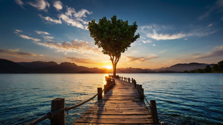 Wooden pier on the lake at sunset with a tree in the foregroundの写真素材