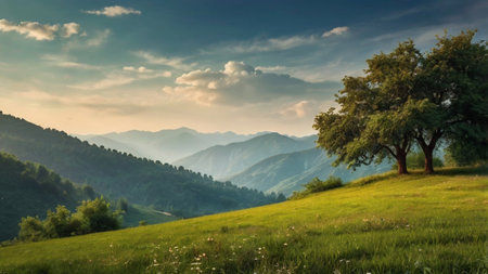 Mountain landscape with green meadow and tree on hillside.