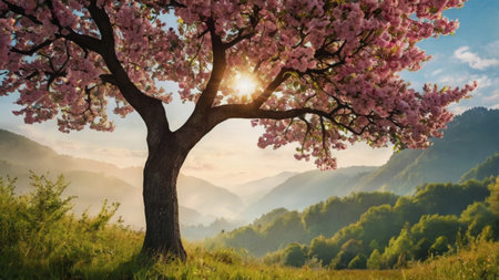 Cherry blossoms in the mountains at sunset. Spring landscape.の写真素材