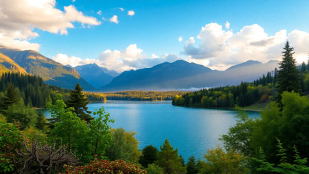 Mountain lake at sunset in autumn. Beautiful landscape of mountains and forest.の写真素材