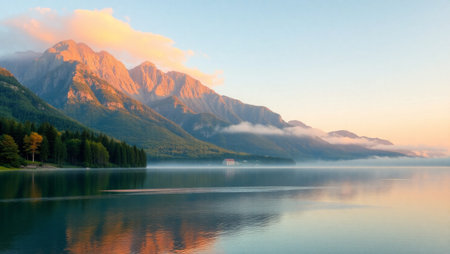 Foggy morning on the lake. Mountain lake in the mountains.