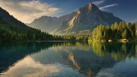 Beautiful alpine lake with reflection of mountains in water at sunset