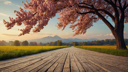 Cherry blossoms in full bloom on a wooden walkway in the rice fieldsの写真素材