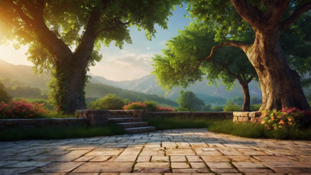 Mountain landscape with old stone road and old trees at sunset.の写真素材