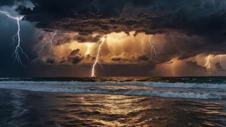 Thunderstorm over the sea. Stormy weather. 3d rendering