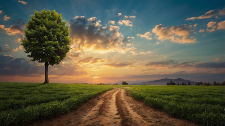 Landscape with a lonely tree and a dirt road at sunset.