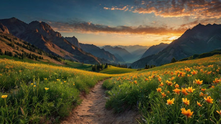 Beautiful alpine meadow with flowers at sunset in the mountains