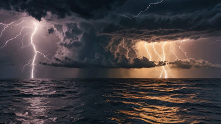 Thunderstorm over the sea. 3D illustration. Natural composition.