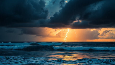 Storm over the sea at sunset. Dramatic sky, stormy clouds. Epic seascape