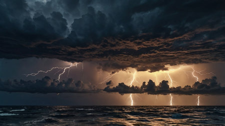 Stormy sky with lightning over the sea. 3d illustration.