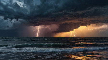 Thunderstorm over the sea. Storm on the Baltic Sea in Poland.