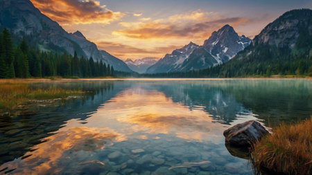 Mountain lake with reflection of mountains in the water at sunset. Summer landscape.
