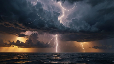 Stormy sky with lightning over the sea. 3d illustration.