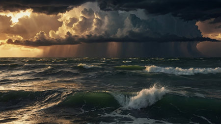 Dramatic stormy seascape with dark clouds