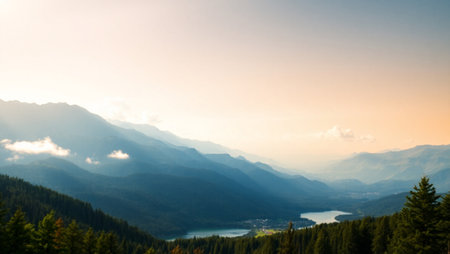 Sunset in the mountains. Panoramic view of the mountains and lake.