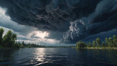 Storm over the lake. Dramatic sky with dark clouds. 3d renderの写真素材