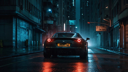 Car driving on the road in the city at night with fog.