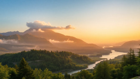 Panoramic view of the mountains and the river at sunrise.の写真素材