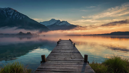 Wooden pier on the lake at sunrise, Switzerland, Europe.