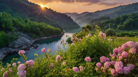Hydrangea flowers on the background of the river and mountains at dawnの写真素材
